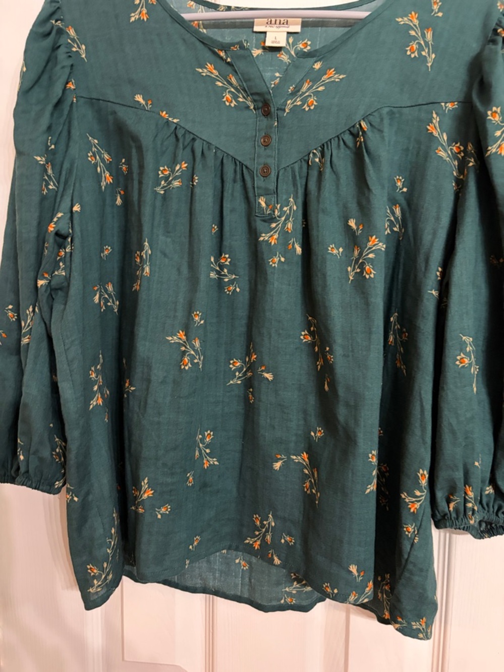 a.n.a Green Floral Button-Front Peasant Blouse